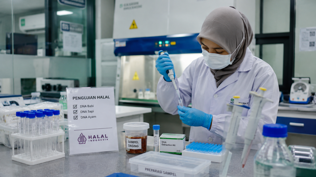 Analis laboratorium melakukan pengujian halal produk makanan menggunakan metode analisis DNA di laboratorium